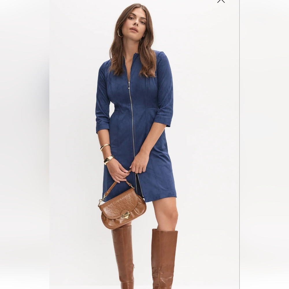 Blue Sheath Dress with Cuffed 3/4 Sleeves